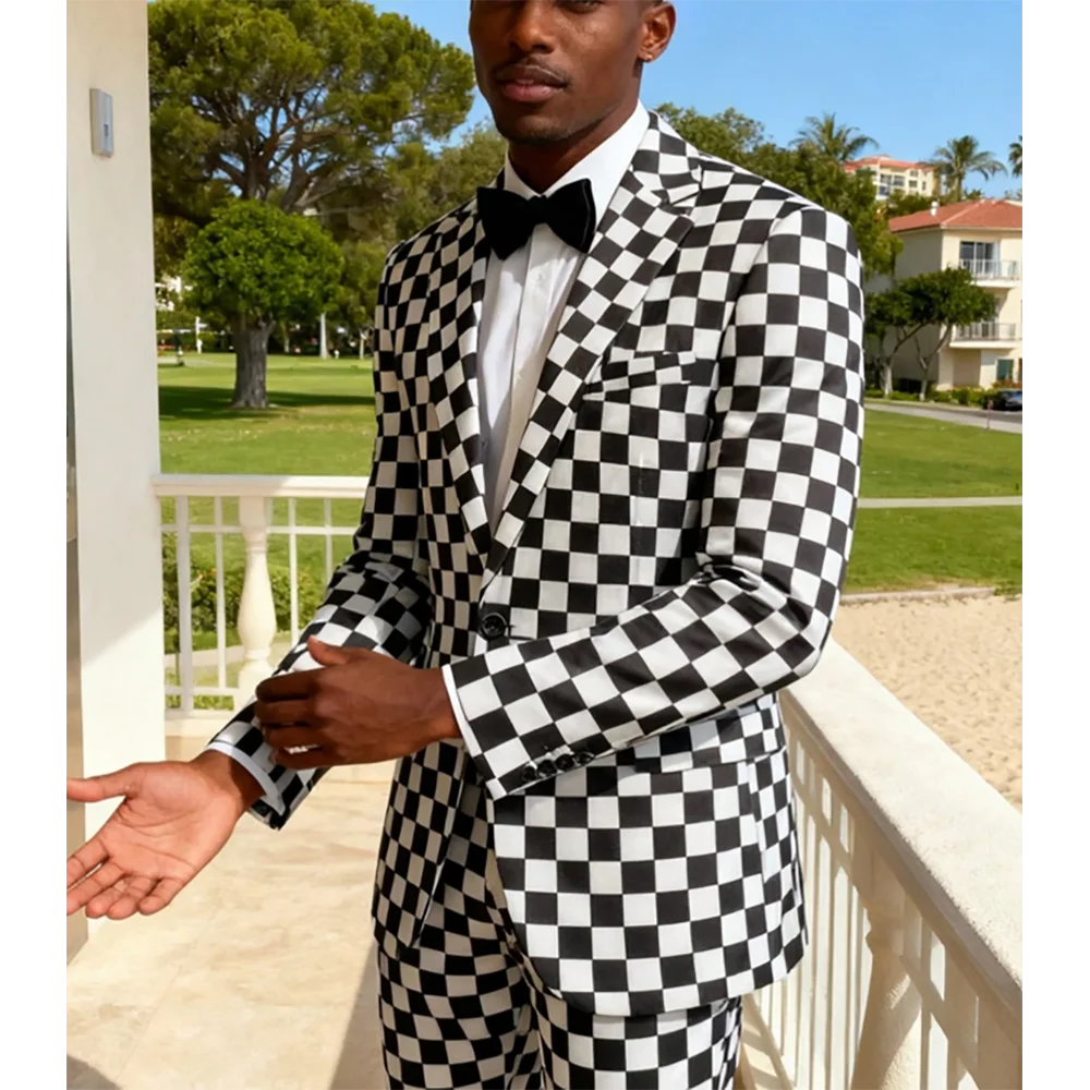Stylish Checkerboard Plaid Man Suit For Wedding Slim Fit Notch Lapel Formal Outfit 2 Piece Dinner Party Prom Male Clothes Set