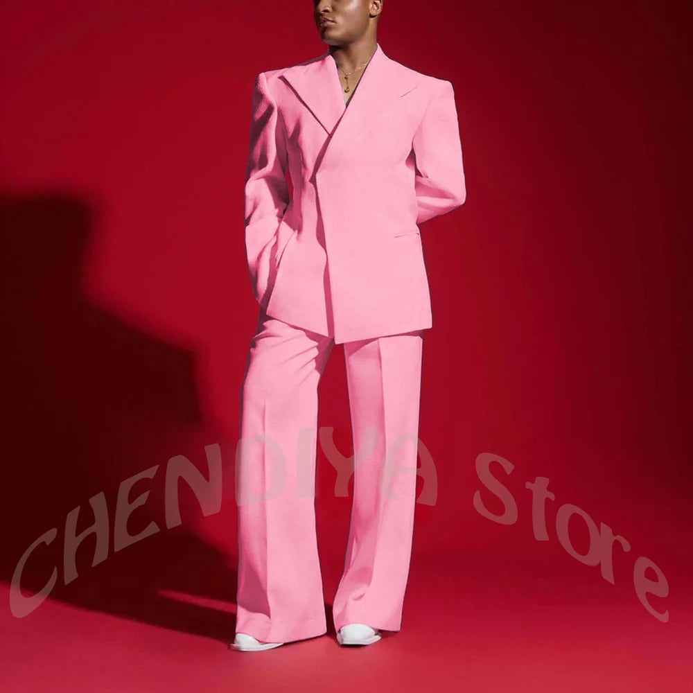 Elegant White Men Suit Peak Lapel Handsome Casual Male Clothing Two Pieces Jacket Pants Banquet Party Suits Set Straight