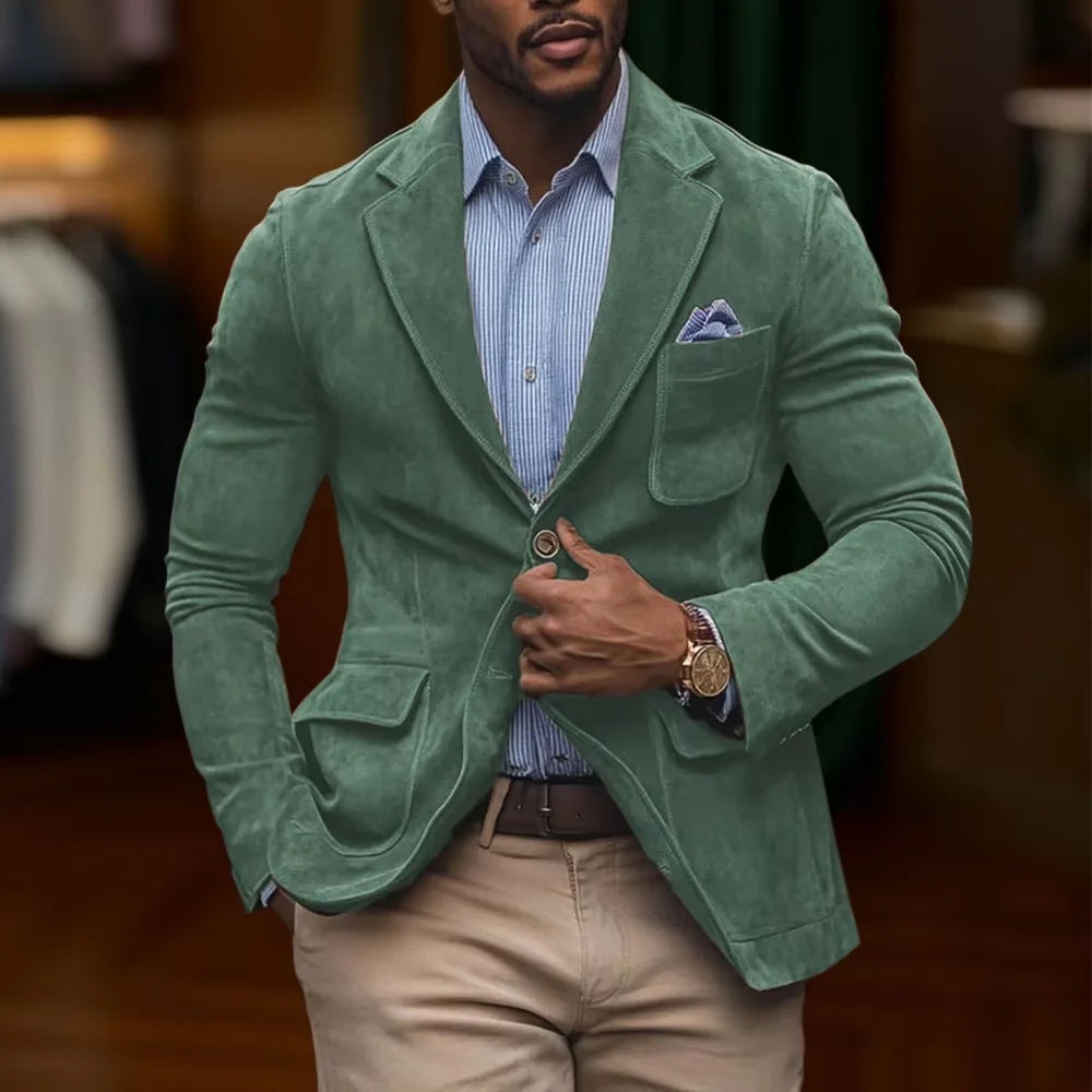 Men's Suede Brown Blazer Vintage Slim Fit Notched Lapel Formal Jacket High Quality Flap Pocket Sport Coat For Business Casual
