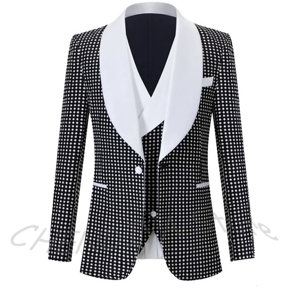 Black Dot Men Suit Classic Shawl Lapel Single Button Business Outfit Elegant Groom Wedding Set 3 Pieces(Jacket+Vest+Pants)