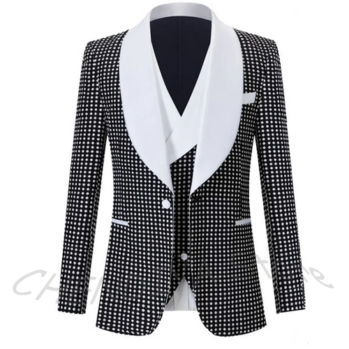 Black Dot Men Suit Classic Shawl Lapel Single Button Business Outfit Elegant Groom Wedding Set 3 Pieces(Jacket+Vest+Pants)