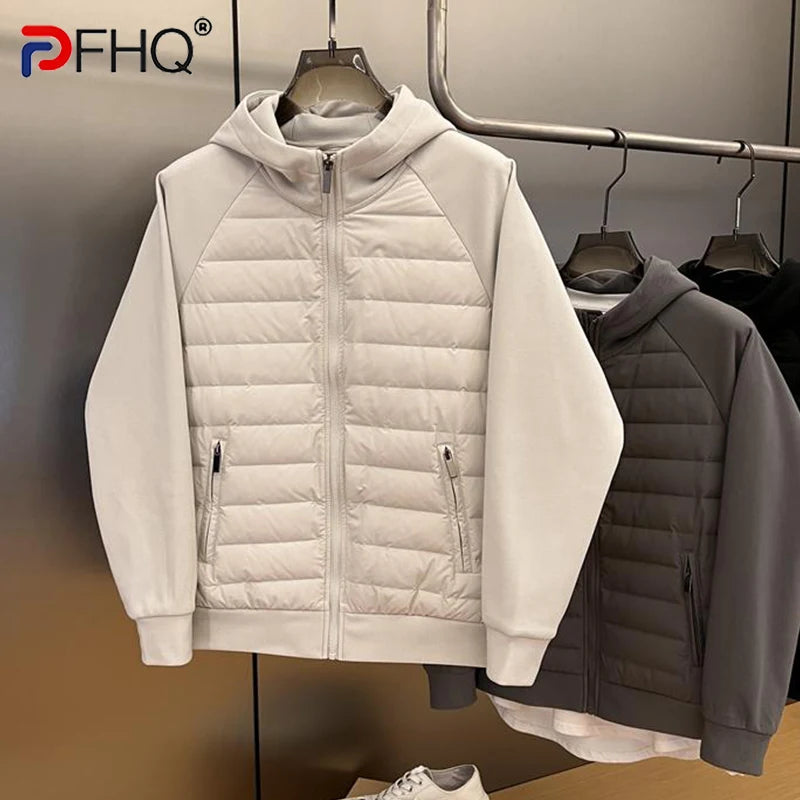 PFHQ Winter Men's White Duck Down Jackets Hooded Zipper Patchwork Thickened Solid Color Loose Male Coats New Stylish 21Z7661