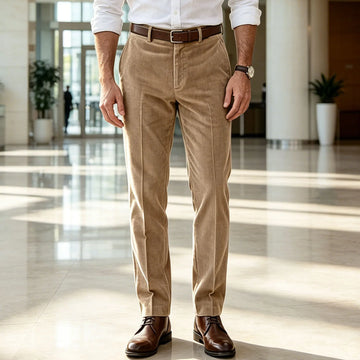 Men's Khaki Corduroy Pants Straight Leg Classic Fit Elastic Waist Comfort Wrinkle Resistant Formal Trousers For Business Office