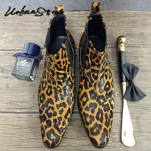 LUXURY MEN'S BOOTS LEOPARD PRINT HORSEHAIR SHOES SLIP ON ANKLE BOOTS CASUAL MENS DRESS SHOES WINTER CHELSEA BOOTS MEN