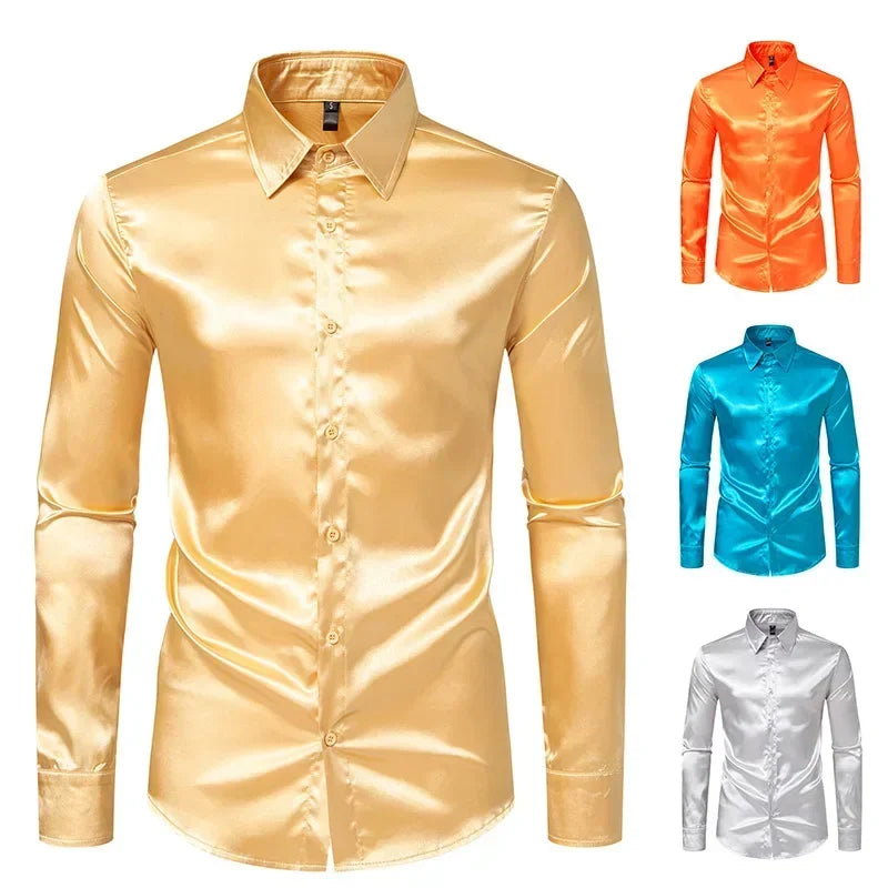 Bright face shirt, men's long sleeved autumn and winter men's clothing, satin nightclub style, solid color trend, men's trend