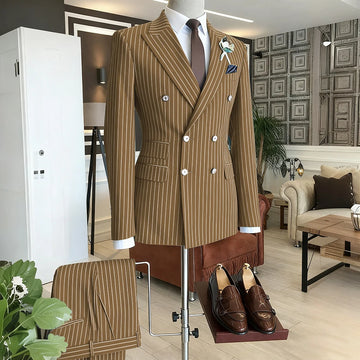 Brown Striped Men Suits Double Breasted Formal Outfits 2 Piece Male Clothing Business Casual Tailored Party Prom Jacket Pants