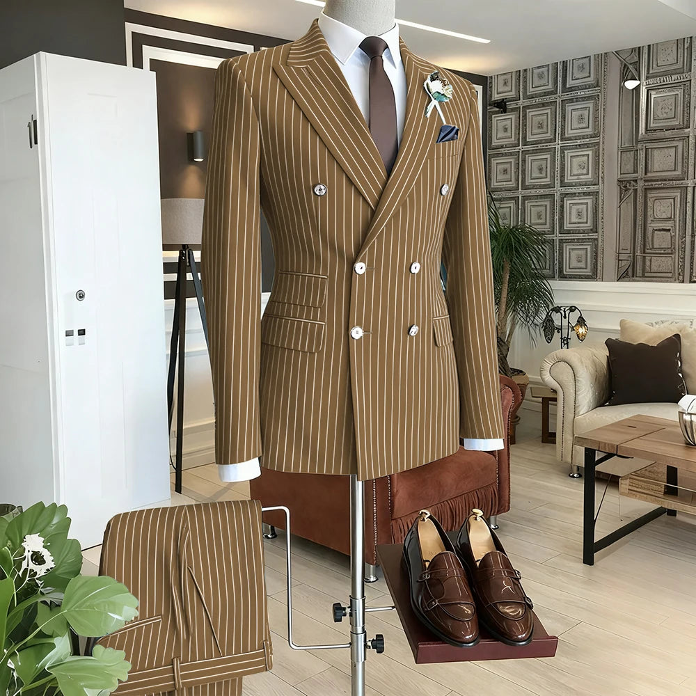 Brown Striped Men Suits Double Breasted Formal Outfits 2 Piece Male Clothing Business Casual Tailored Party Prom Jacket Pants