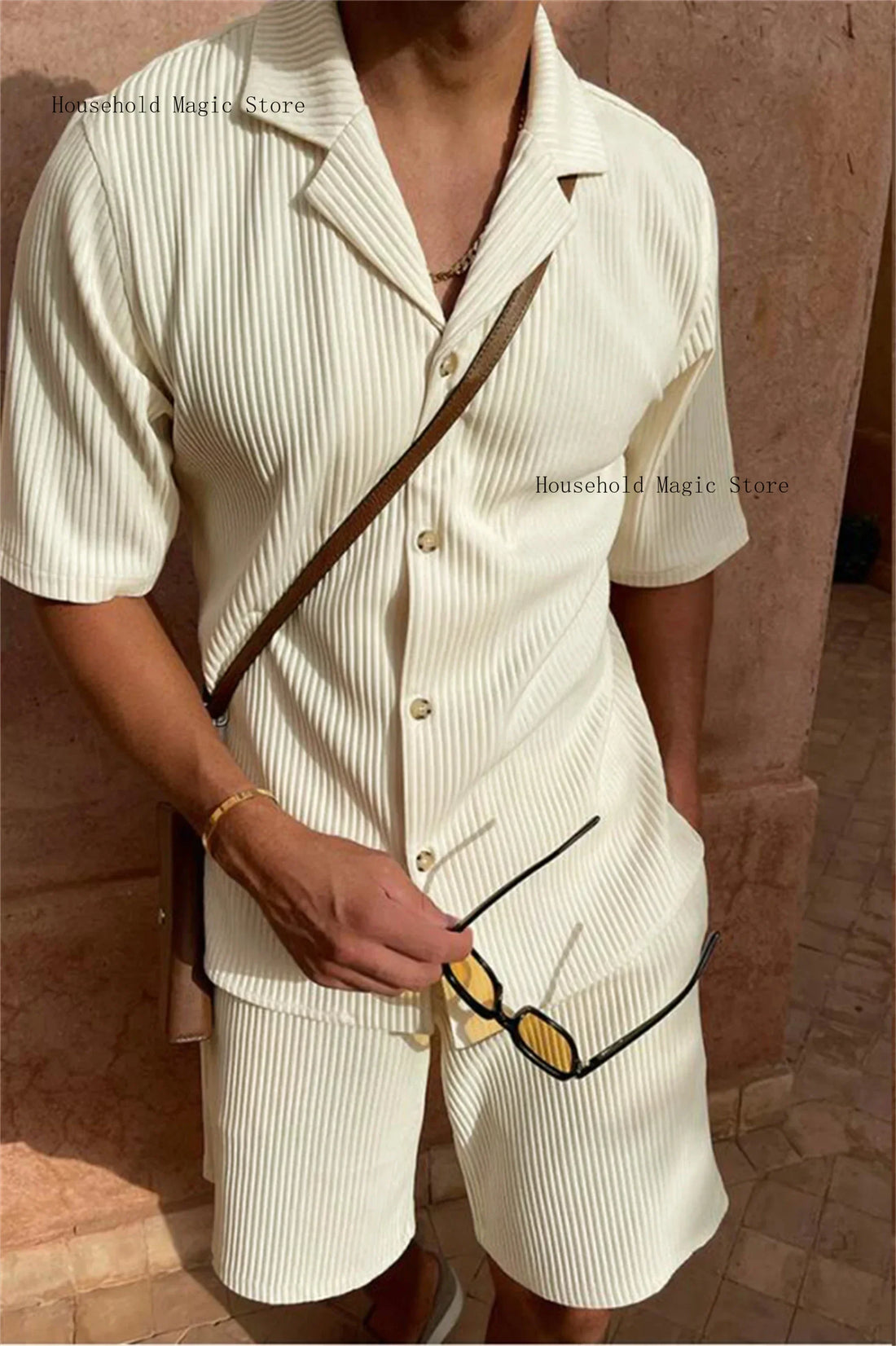 Spring/Summer Suit Solid Color Corduroy Shorts Sleeve Shirt and Shorts Stretch Beach Casual Suit