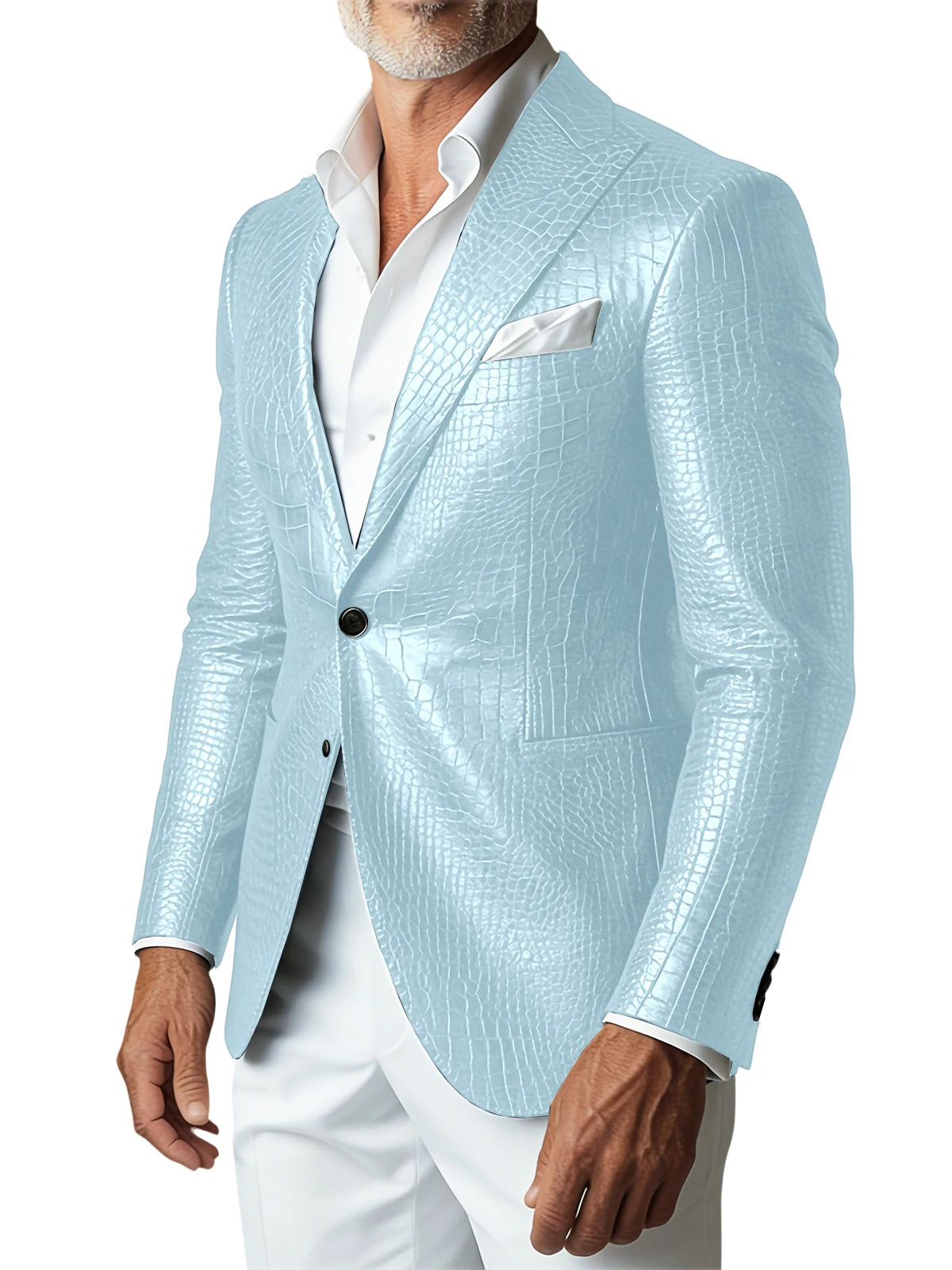 Men Elegant Brown Crocodile PU Leather Blazer Shawl Lapel Long Sleeve Pocket With Belt Business Casual Male Fashion Suit Jacket