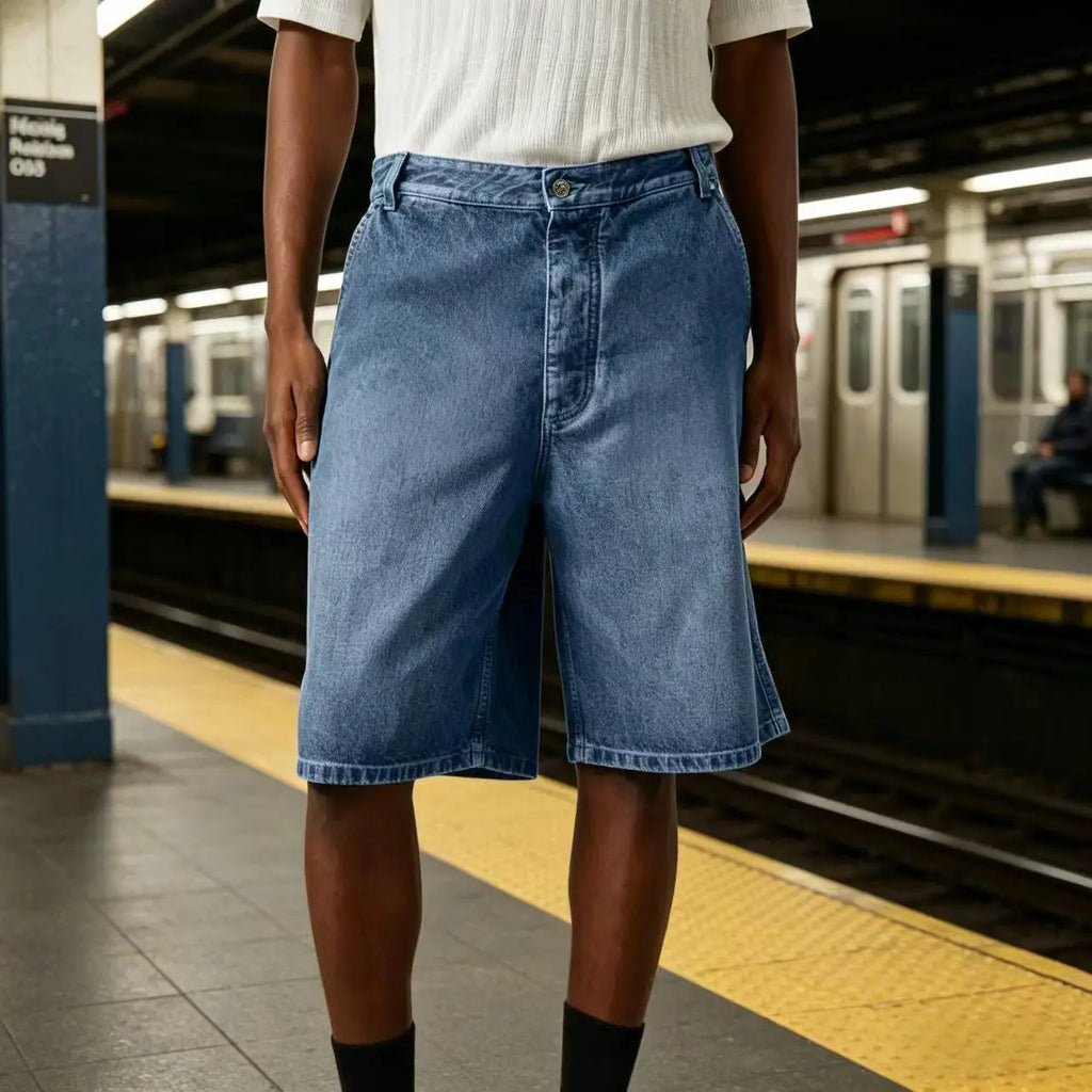 Men's Light Blue Denim Shorts Loose Fit Casual Straight Leg Jean Shorts Summer Breathable Cotton Denim Shorts for Daily Wear