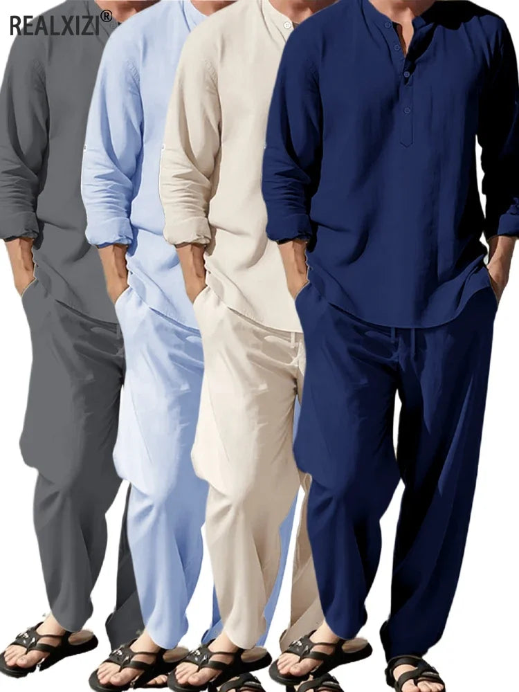 2pcs Shirt Pants Set Long-sleeved Henry Shirt Trousers Suit Sense of Texture Vacation Light Breathable Draped Men's Clothing