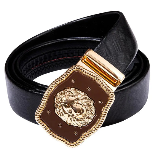 Hi-Tie 2023 New Gold Brown Automatic Buckle Mens Belts Black Genuine Leather Ratchet Waist Belt For Men Dress Jean Wedding Party