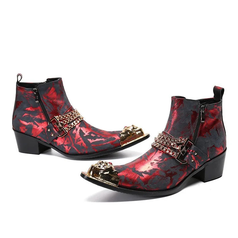 Men's Ankle Boots Metal Toe Zip High Heels Genuine Leather Boots for Men Stylish Rivet Short Autumn Red Black Patchwork Boots