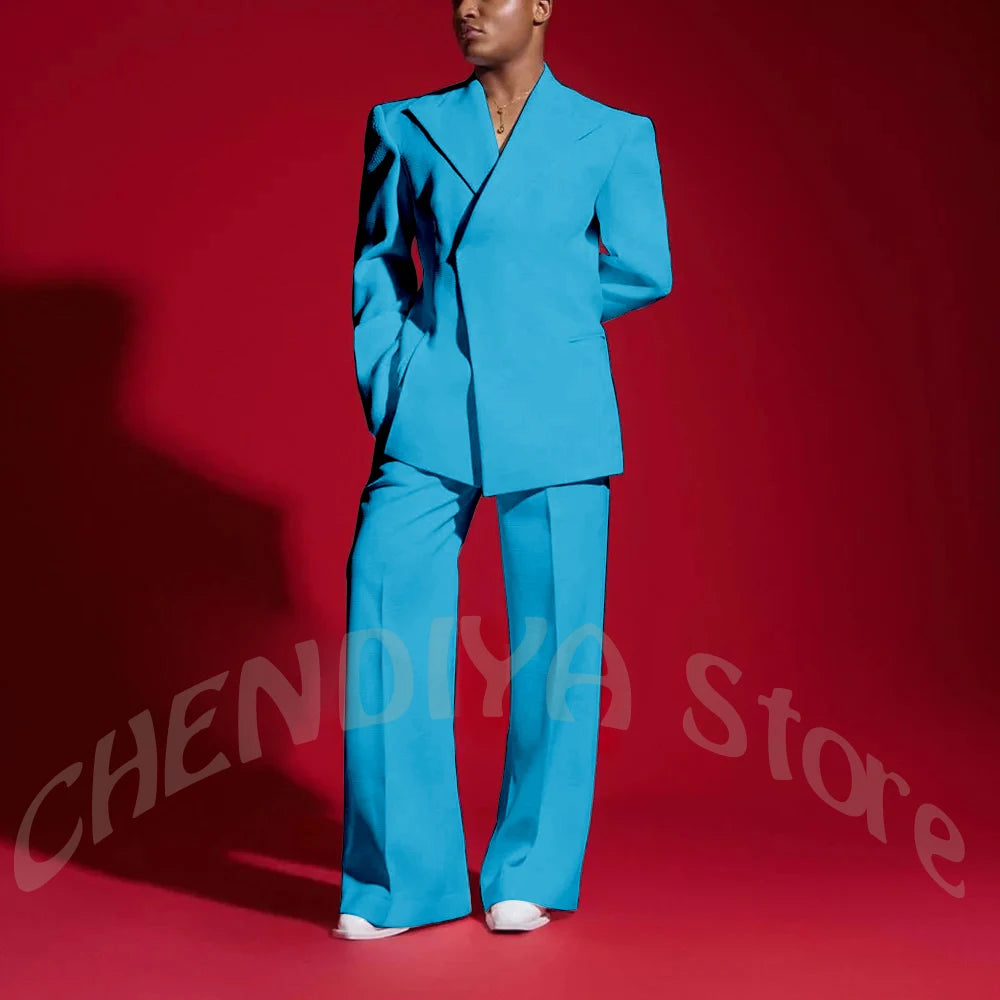 Elegant White Men Suit Peak Lapel Handsome Casual Male Clothing Two Pieces Jacket Pants Banquet Party Suits Set Straight