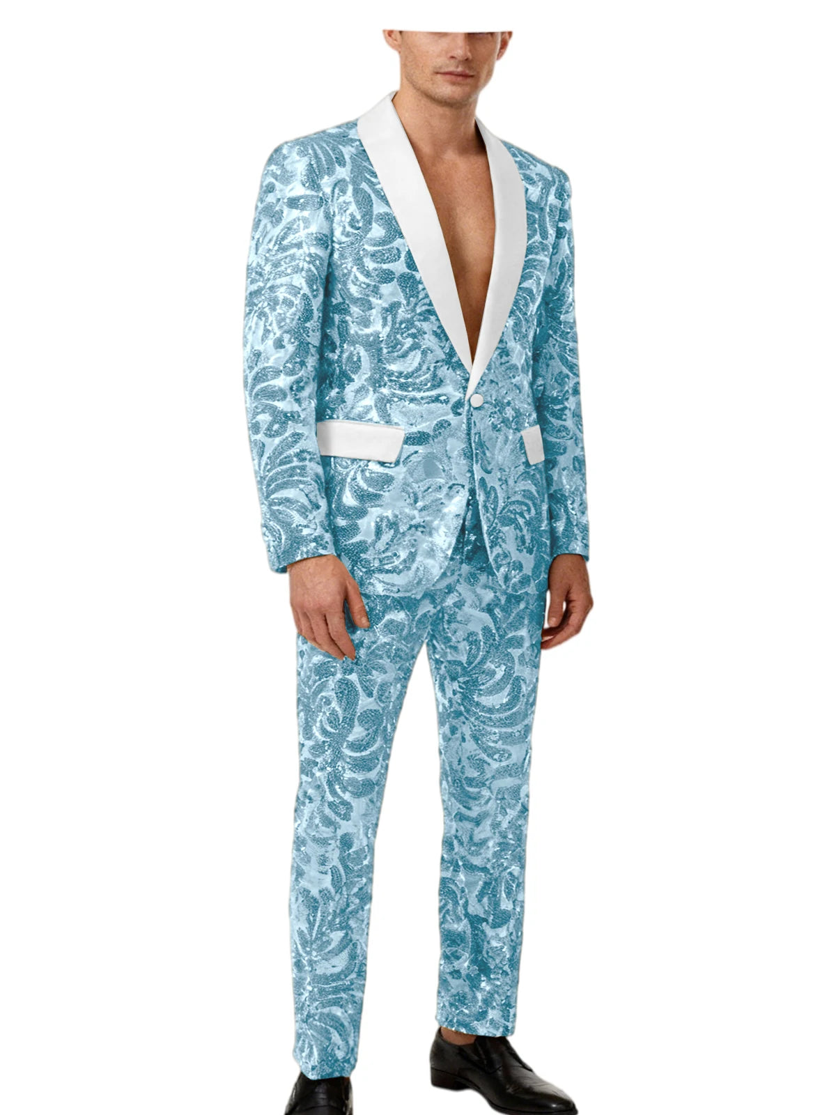 Men's Sequin Paisley Tuxedo Set Suit White Satin Shawl Lapel Slim Fit 2 Piece Blazer+Pants For Wedding Prom Party Suit Plus Size