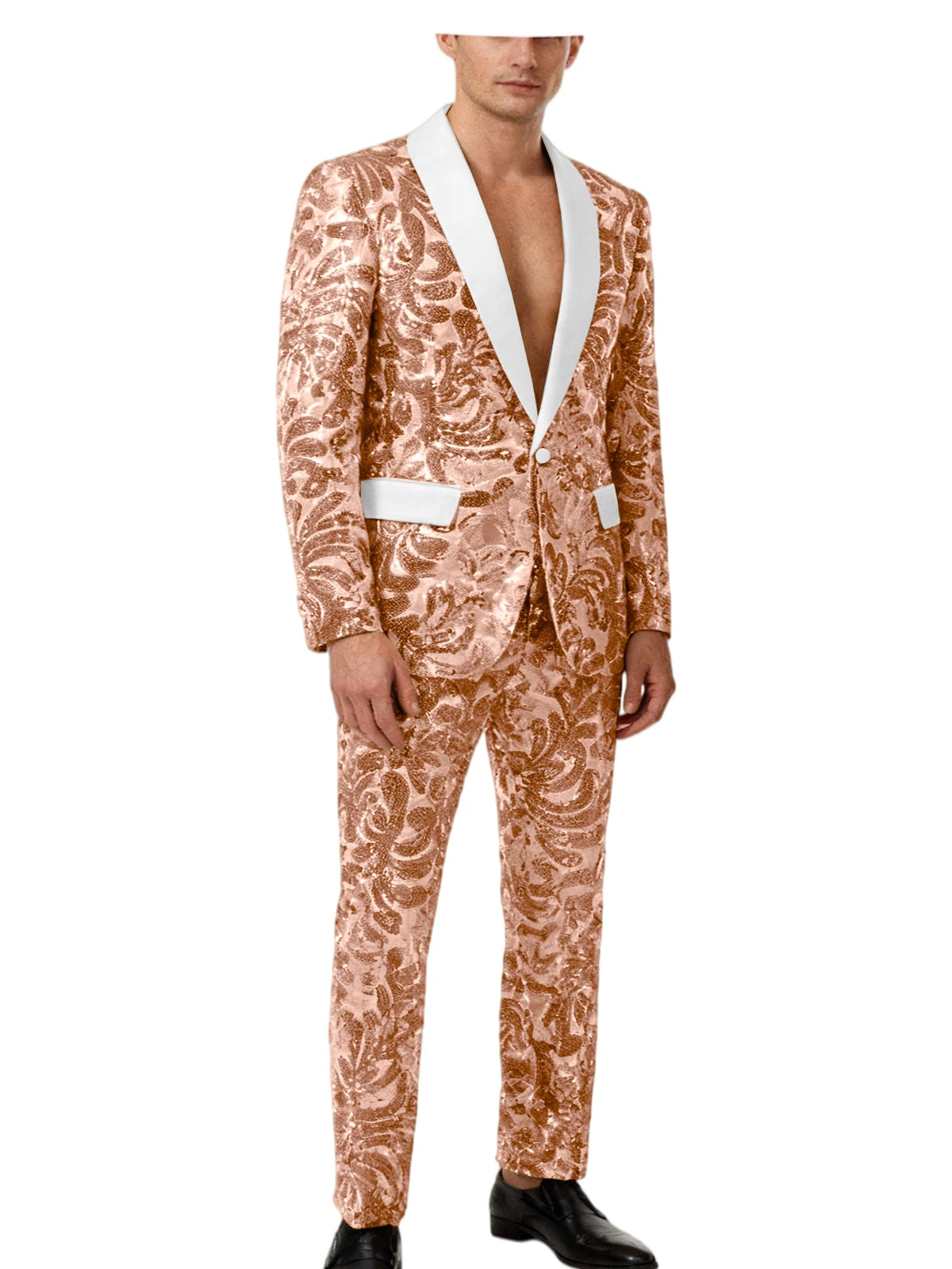 Men's Sequin Paisley Tuxedo Set Suit White Satin Shawl Lapel Slim Fit 2 Piece Blazer+Pants For Wedding Prom Party Suit Plus Size