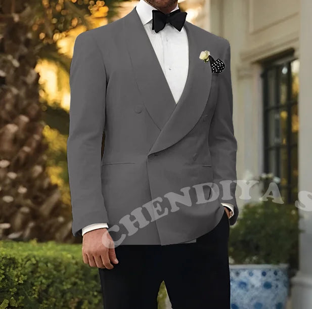 Double Breasted Men Suits Wedding Suit Groom Elegant Shawl Lapel 2 piece Slim Fit Man Set Jacket With Black Pants Formal Blazer