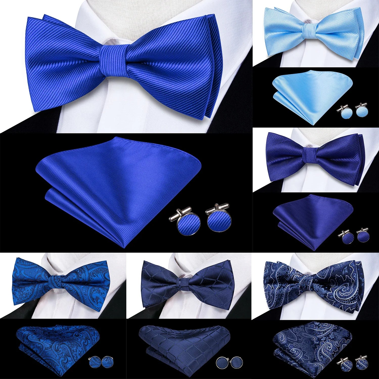 Hi-Tie Silk Mens Crow Tie HankerChef CuffLinks Set Navy Royal Sky Blue Blue Butterfly Knot Bowtie per affari di nozze maschili