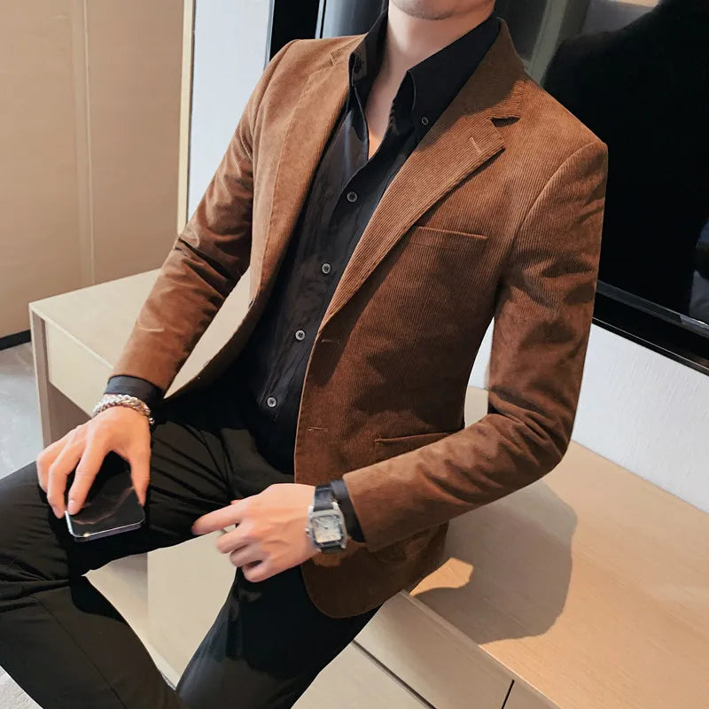 2024 High Quality Fashion Handsome Trend Business Matching Corduroy Small Suit Jacket Men Slim Fashion Casual Handsome Suit