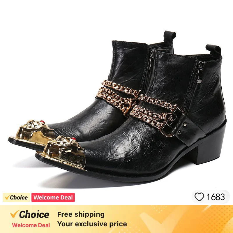 Red Black Patchwork Men's Ankle Boots Metal Toe Zip High Heels Genuine Leather Boots for Men Stylish Rivet Short Autumn Boots