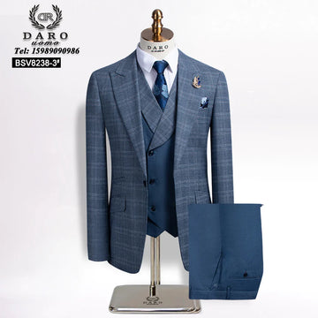 DAROuomo(Jacket+Vest+Pants) Fashion Boutique Lattice Formal Business Mens Suit 3pcs Set Groom Wedding Dress Plaid Suit DRV8238