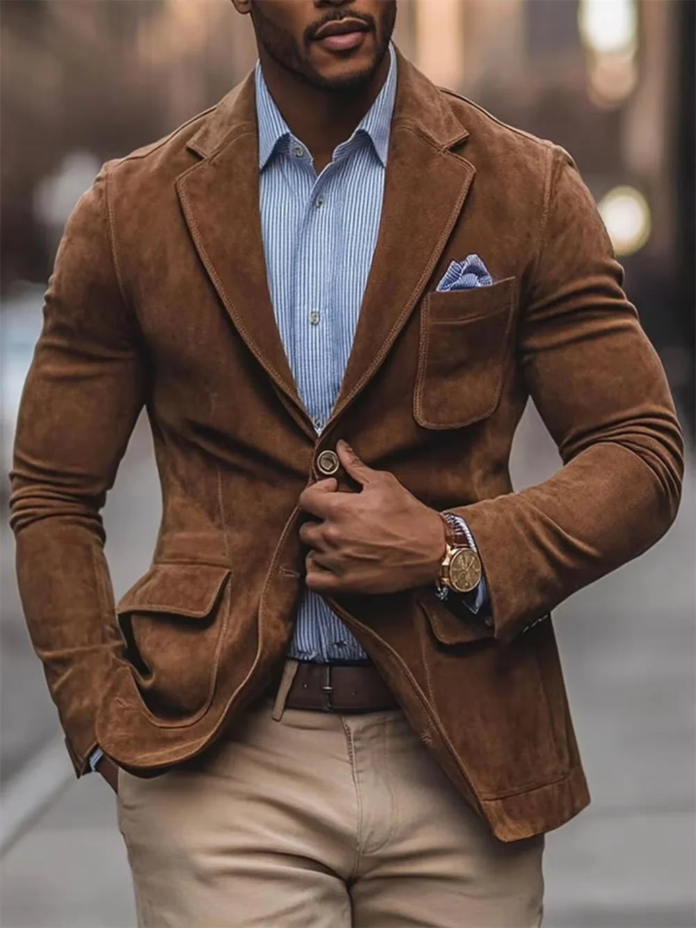 Men's Suede Brown Blazer Vintage Slim Fit Notched Lapel Formal Jacket High Quality Flap Pocket Sport Coat For Business Casual