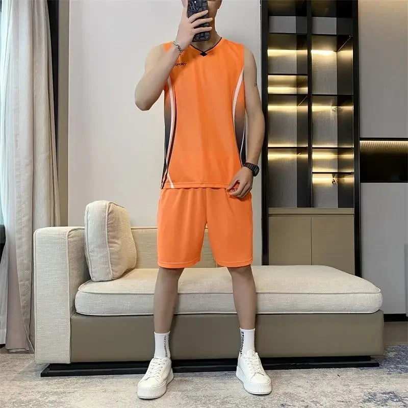 Sleeveless Man Sets Tracksuit Basketball Uniform Sweatshirts Sweatsuit Polyester Cool Stylish Kpop T-shirts Shorts Suits for Men