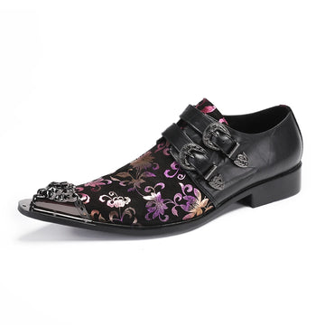 Men's double leather buckle metal pointed leather shoes and printed stage wedding business casual leather shoes