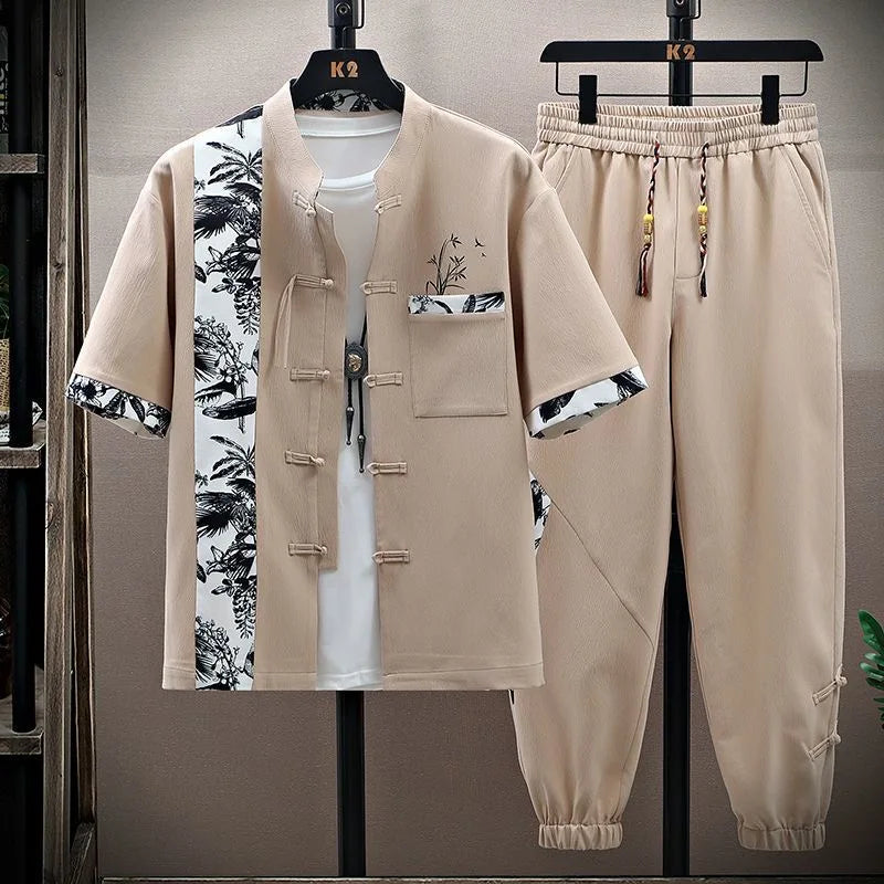 Summer Fashion Trend Printed Sports Short-Sleeved Shirt Set For Men Loose and Comfortable Breathable Large Size Two-Piece Set