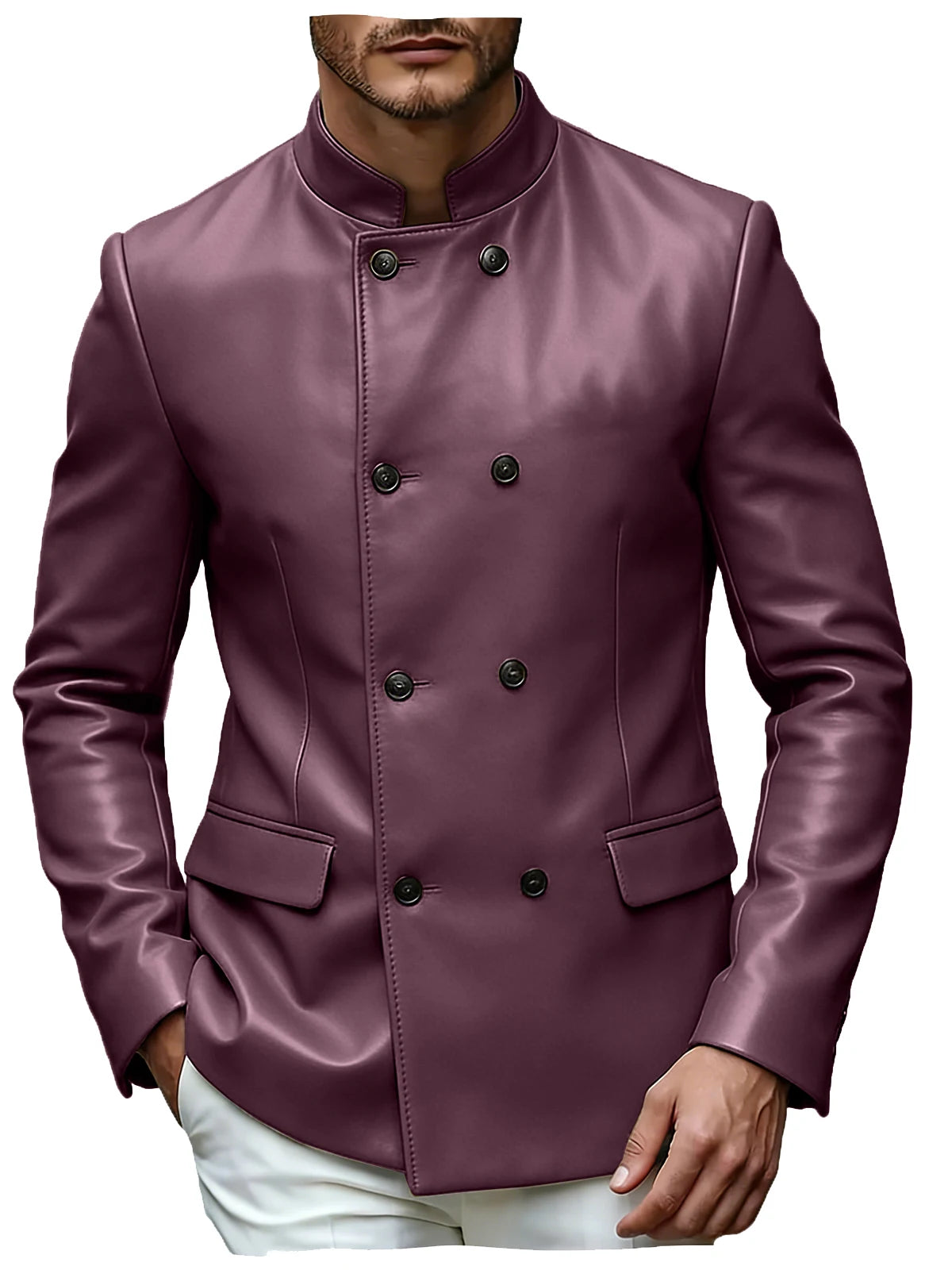 Men's Blazer Stand Collar Faux Leather Jacket High Quality Double Breasted Slim Fit Casual Coat For Business Office Outerwear