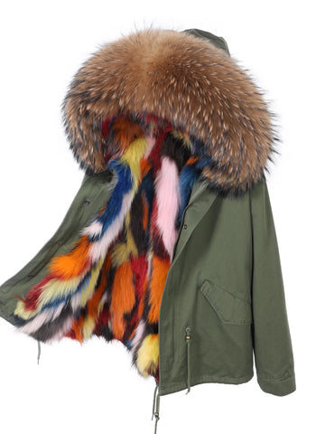 2025 Maomaokong New Women Winter Fur Coat Fox Lining Jacket Natural Real Raccoon Collar Parka Fox Fur Short Female Clothing