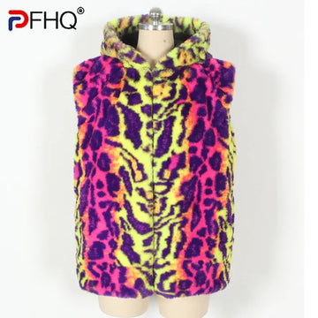 PFHQ Autumn Winter New Fashionable Men's Warm Vest Imitation Fur Leopard Print Contrast Color Plush Male Tops Casual 21Z8048