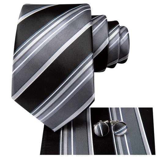 Hi-Tie Striped Black Grey Silk Luxury Tie for Man Accessory Men Fashion Necktie Handkerchief Cufflink for Tuxedo Classic Gift