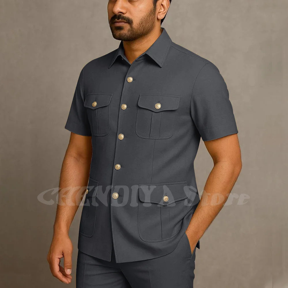 Solid Color Men Suits Safari Style Stand Collar Single Breasted Slim Fit Outfits Smart Casual Office Work Social Daily Set
