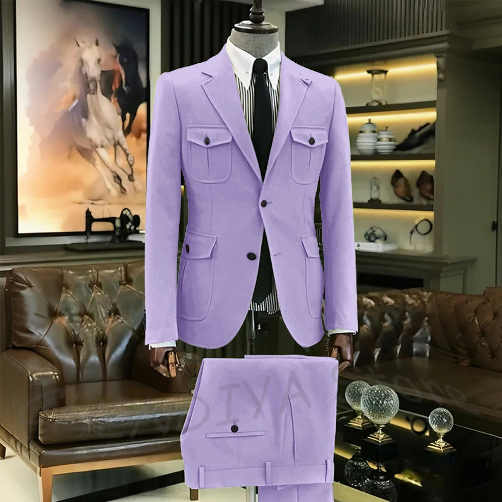 Customized Men Suits Solid Color Four Pockets Notch Lapel Outfits Formal Party Prom Daily Male Sets Two Piece(Blazer+Pants)