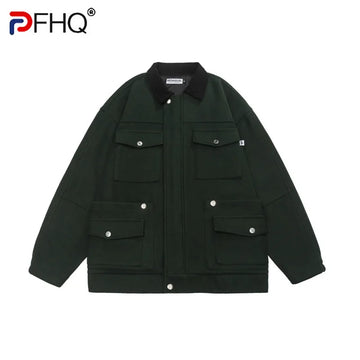 PFHQ Multi Pocket Men Woolen Collar Jacket 2024 Autumn Winter Patchwork Darkwear High Street Male Tops New Fashion 21Z6907