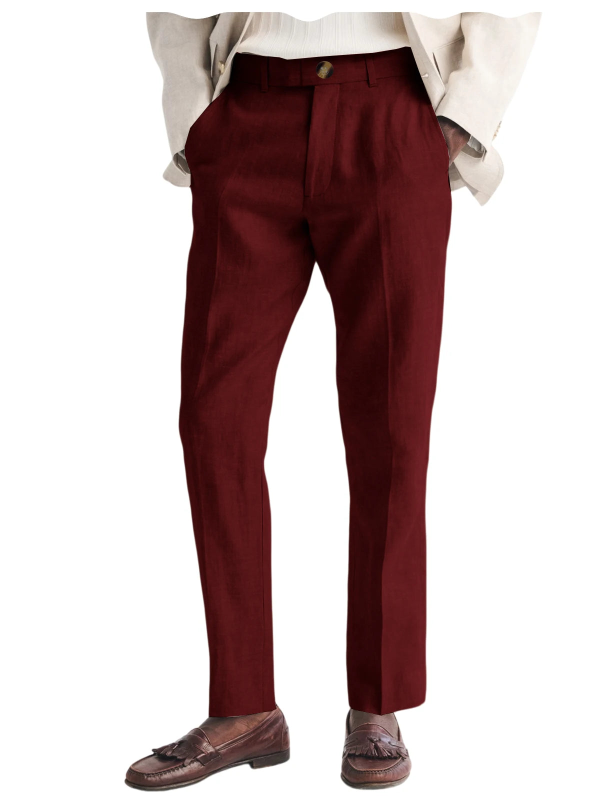 Men's Linen Straight Fit Pants Wrinkle-Resistant Lightweight Breathable Flat-Front Casual Trousers Expandable-Waist For Summer
