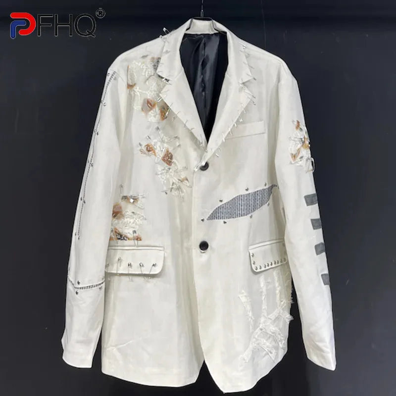 PFHQ Advanced Cool Patch Suit Coat Men's Trendy Handsome Single Breasted Tie Design Patchwork Creativity Blazers Spring 21Z4261