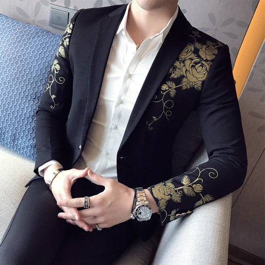 2024 Nova Luxury Gold Print Blazer Slim Fit Men Blazer Stage Pano Social Party Wedding Dress Macho Black Sonos Jaqueta