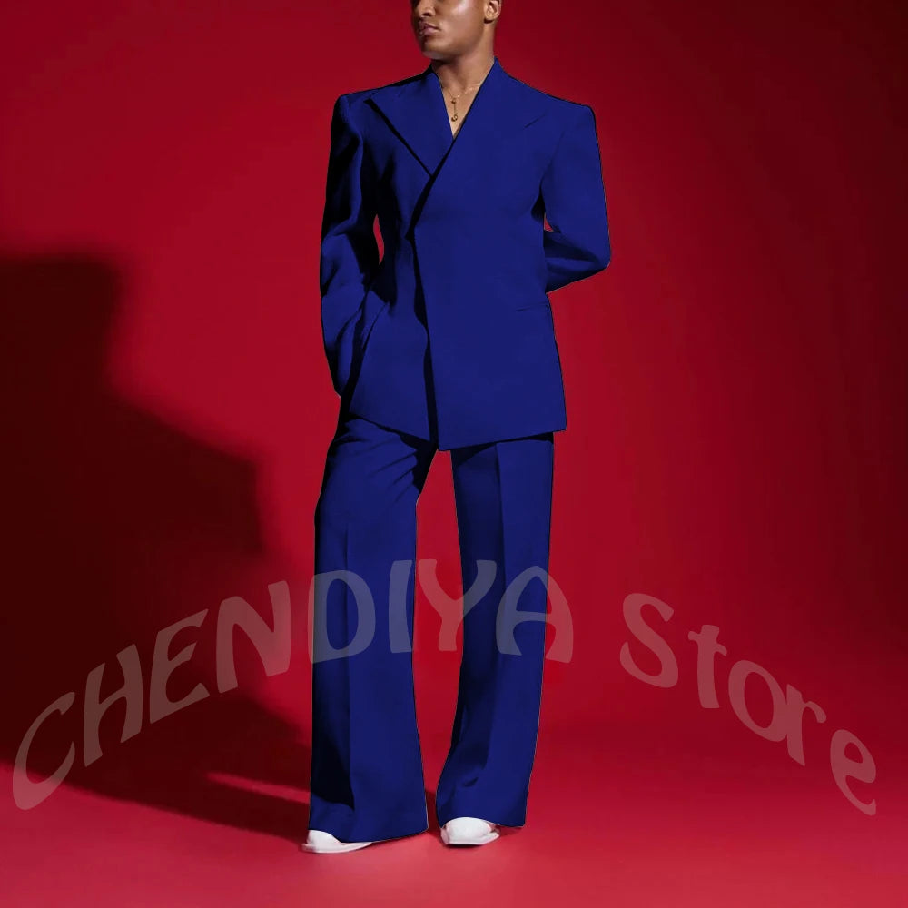 Elegant White Men Suit Peak Lapel Handsome Casual Male Clothing Two Pieces Jacket Pants Banquet Party Suits Set Straight