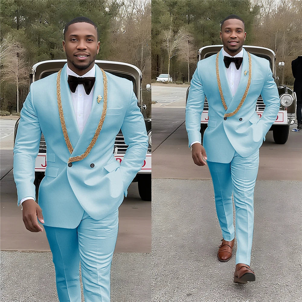 Handsome Men's Suits Double Button Shawl Lapel Solid Color Outfit Man Set 2 Piece Casual Daily Office Prom Male Clothing