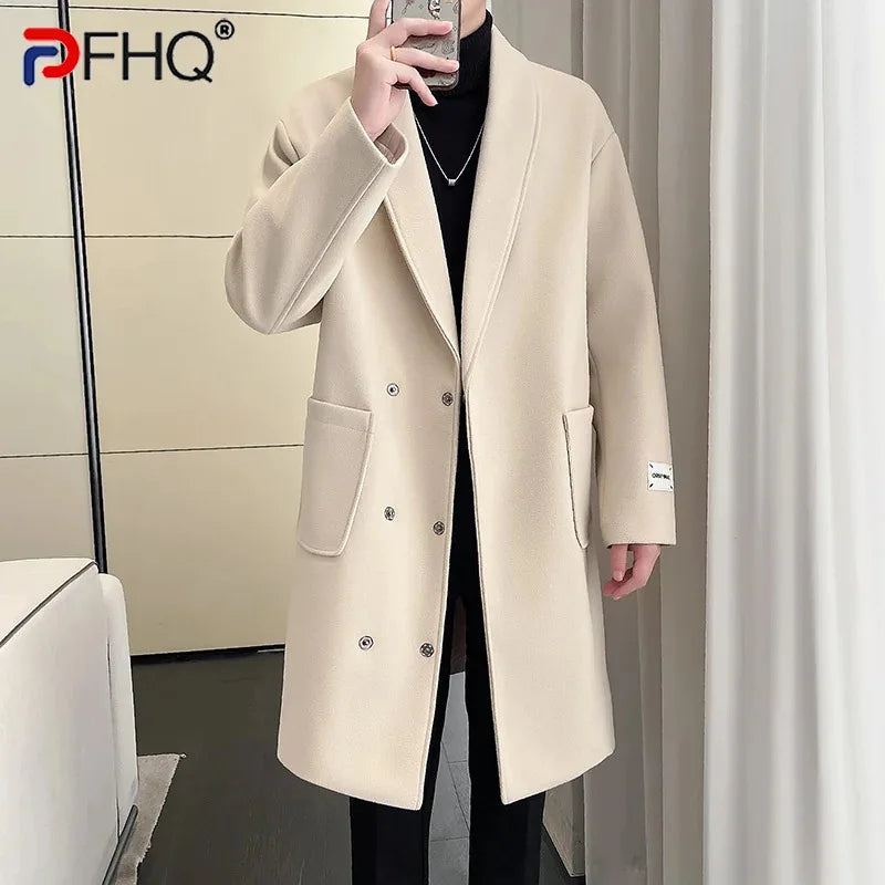 PFHQ Autumn Men's Woolen Coats Lapel Solid Color Double Breasted Pockets Thickened Medium Style Male Trench Coats 2024 21Z6593