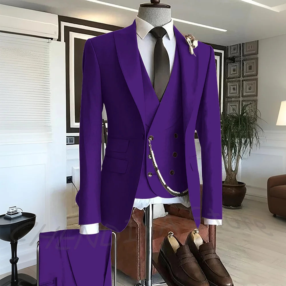 Men's Suit Formal Set 3 Piece Chic Single Button Peak Lapel Slim Fit Outfit Jacket Pants Vest High Quality Business Casual