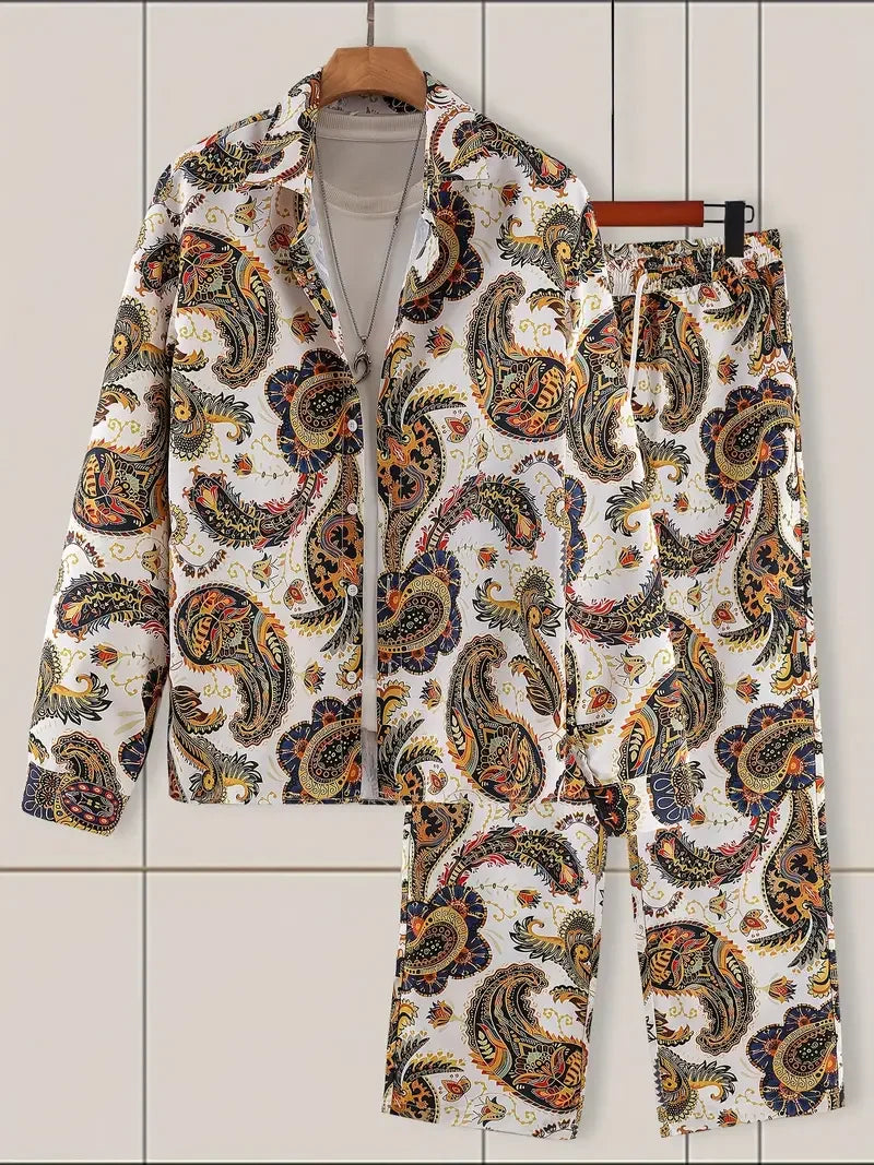 Long Sleeve Shirt Set Men's Color Block Line Pattern 3D Printed Button Shirt Pants 2-piece Neutral Fashion Casual Street Suit