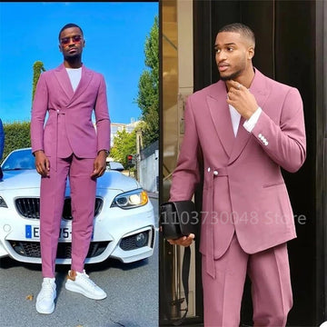 Handsome 2 Piece Pink Wedding Tuxedo Men Suit Peak Lapel Slim Fit Two Buttons Groom Wear Formal Party Prom Blazer (Jacket+Pants)