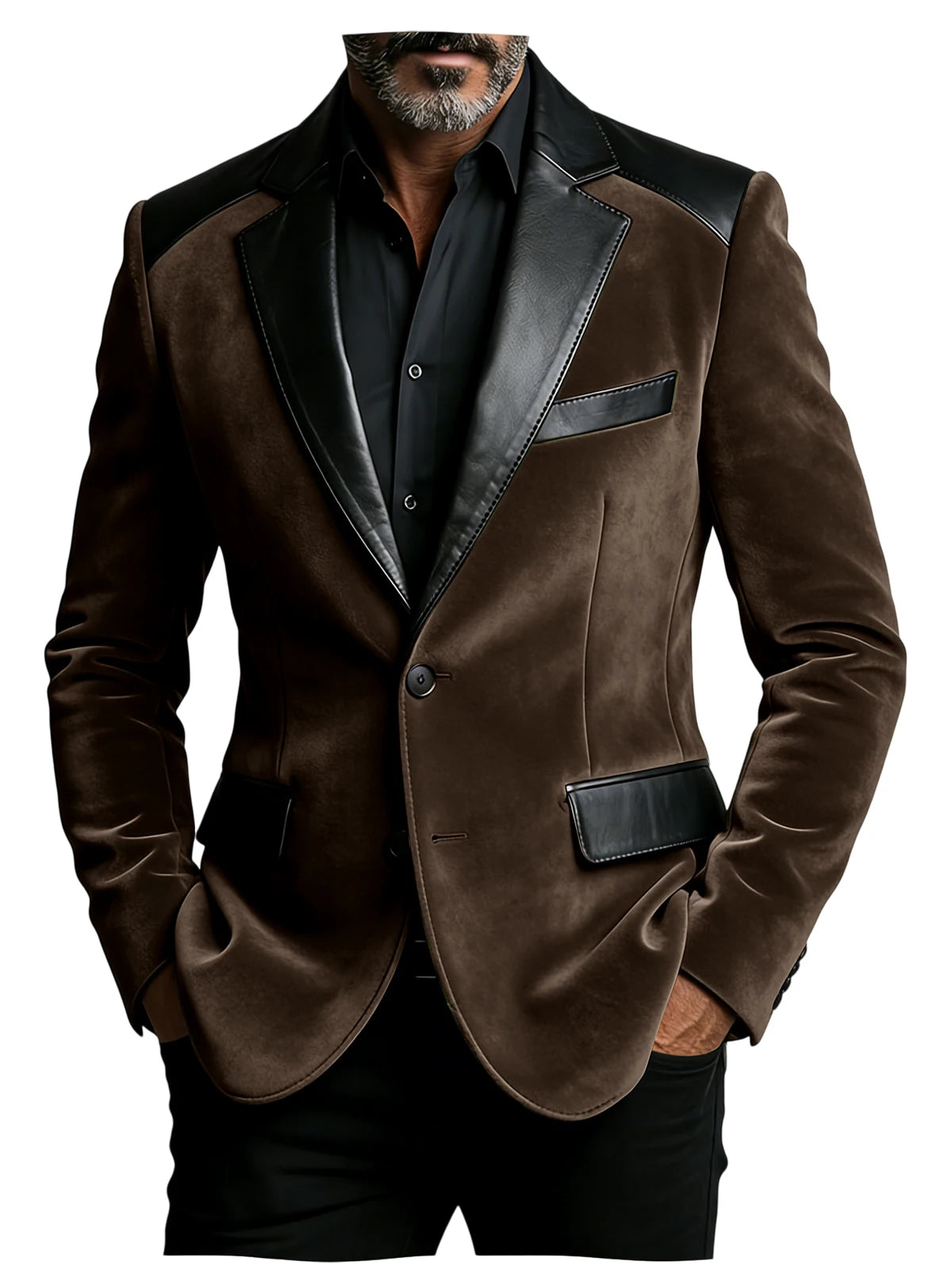 Men's Velvet Blazer with Leather Patchwork Slim Fit Two Button Peak Lapel Suit Jacket for Business Wedding Party Flap Pockets