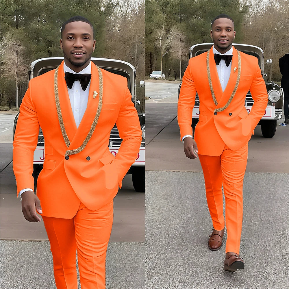 Handsome Men's Suits Double Button Shawl Lapel Solid Color Outfit Man Set 2 Piece Casual Daily Office Prom Male Clothing