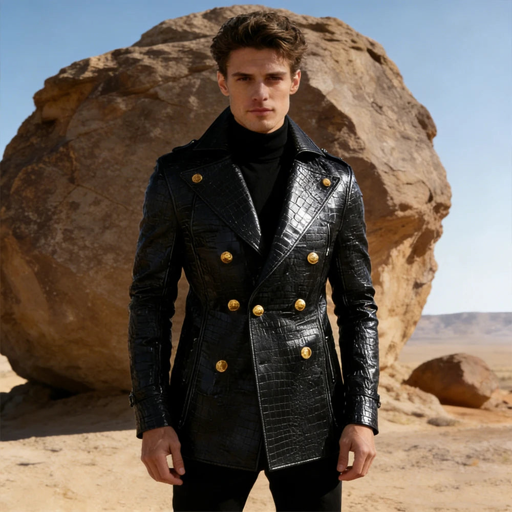 Men's Crocodile Embossed Leather Blazer Double Breasted Trench Coat Wide Lapel Gold Button Slim Fit Jacket For Four Season