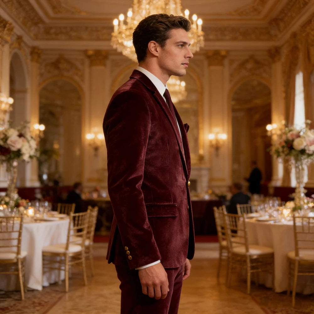 Men's Velvet Blazer Notch Lapel Slim Fit Suit Jacket With Gold One Button Suit Coat For Wedding Party Prom