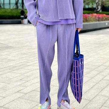 Miyake Pleated Men's Slit Black Pants Draped Fall Casual Loose Straight Trousers Simple Commuter Clothing Wrinkle-Free